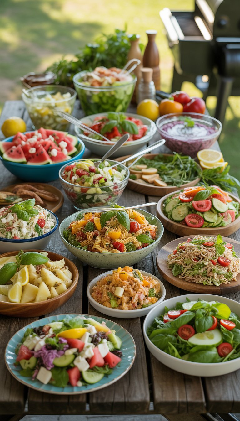 A picnic table filled with a variety of colorful summer salad side dishes arranged for a barbecue or potluck outdoors.