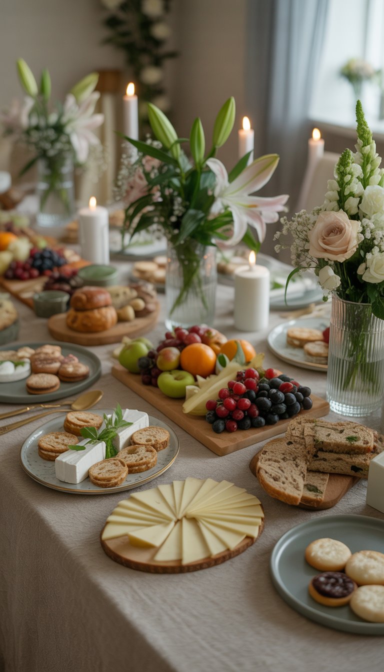 A table set with a variety of foods and floral arrangements for a memorial service in a calm indoor setting.