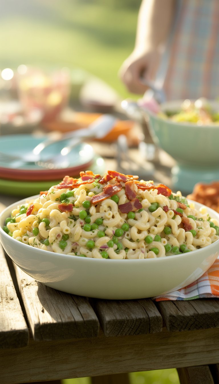 A bowl of cold macaroni salad with peas and bacon on a wooden picnic table, with summer picnic items in the background.