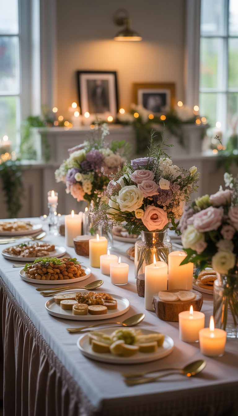 A buffet table with flowers, candles, and a variety of food set up for a memorial service in a peaceful room.