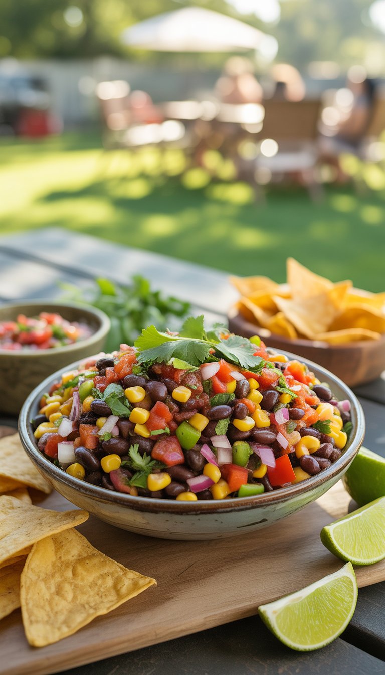 A bowl of cowboy caviar salad with black beans, corn, tomatoes, and peppers on a wooden table outdoors with chips and lime wedges nearby.