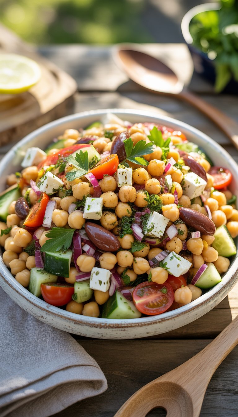 A bowl of Mediterranean chickpea salad with feta cheese, cucumbers, tomatoes, olives, and herbs on a wooden table outdoors.