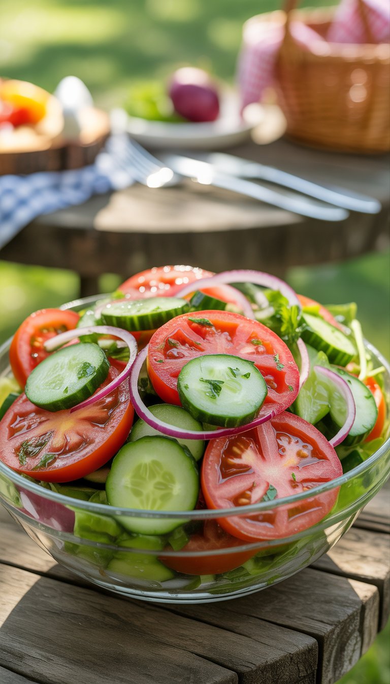 A bowl of tomato, cucumber, and red onion salad on a wooden table outdoors with summer picnic items in the background.