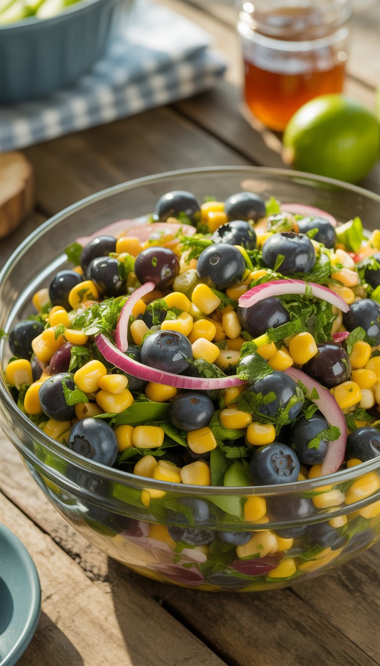 A bowl of blueberry and corn salad with herbs and red onions on a wooden table in natural light.