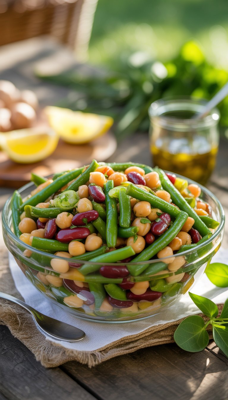 A bowl of three bean salad with green beans, kidney beans, and chickpeas coated in vinaigrette on a wooden table with summer picnic elements around it.