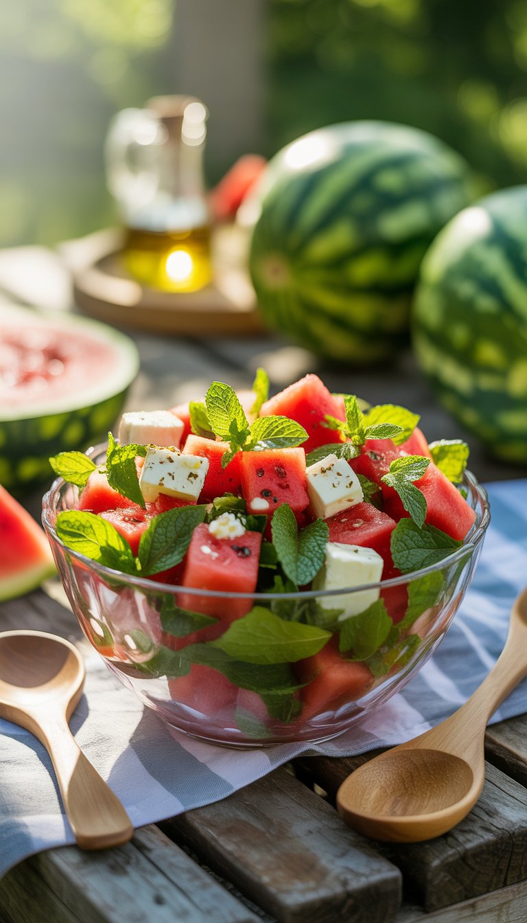 A bowl of fresh watermelon, mint, and feta salad on a wooden table with picnic items in the background.