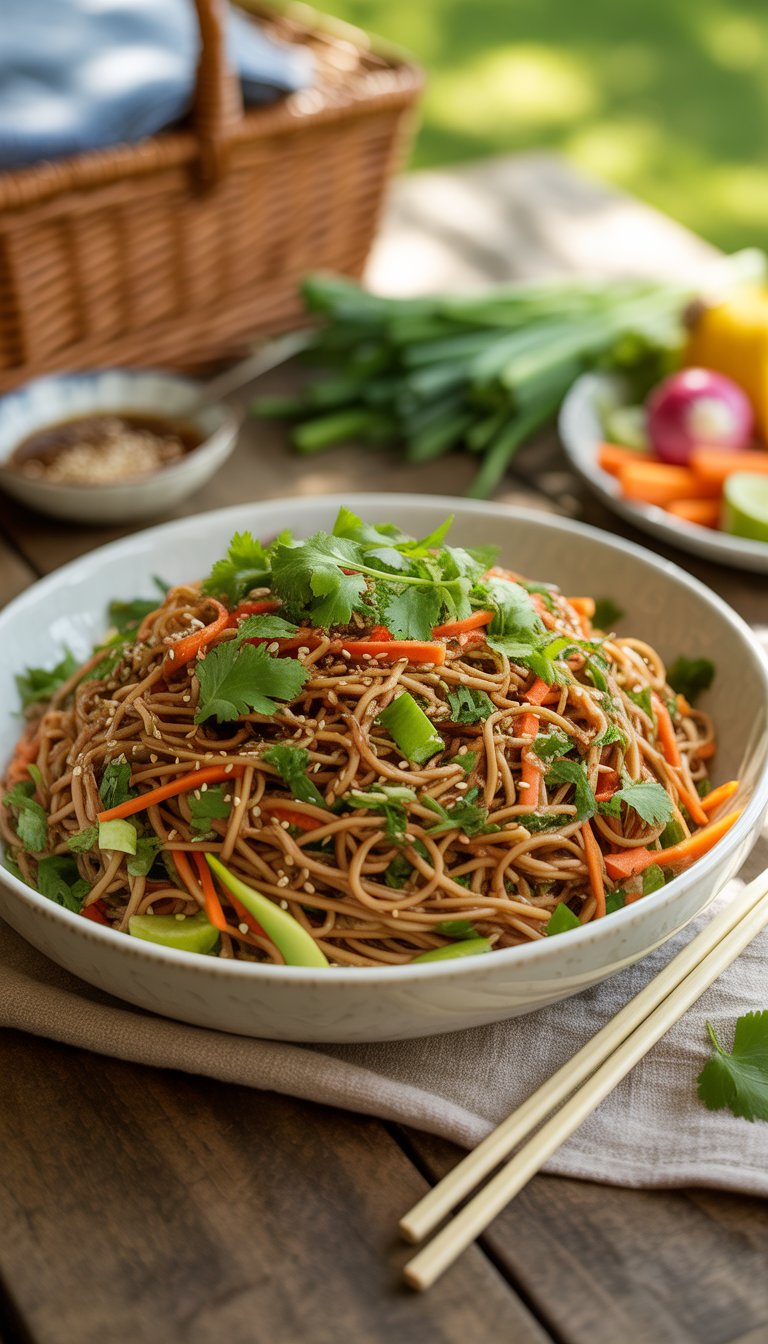 A bowl of sesame noodle salad with green onions, carrots, and sesame seeds on a wooden table with picnic items in the background.