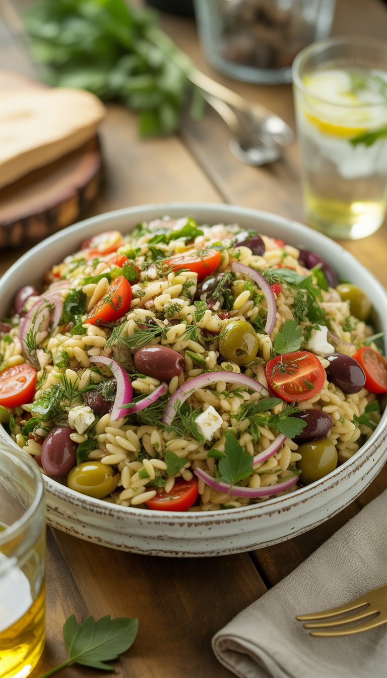 A bowl of Greek orzo salad with olives, cherry tomatoes, herbs, and feta cheese on a wooden picnic table with summer picnic items around it.