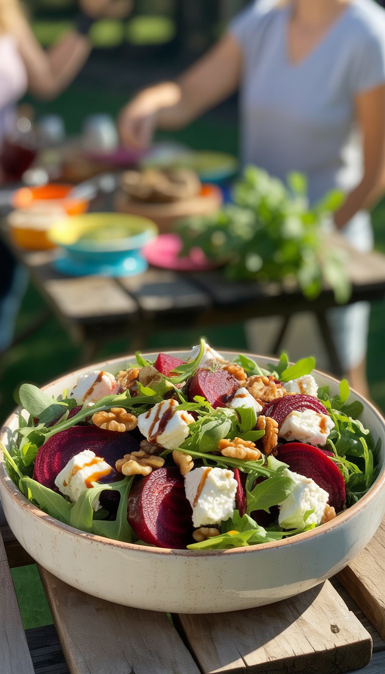 A bowl of roasted beet and goat cheese salad with arugula and walnuts on a wooden table in an outdoor picnic setting.