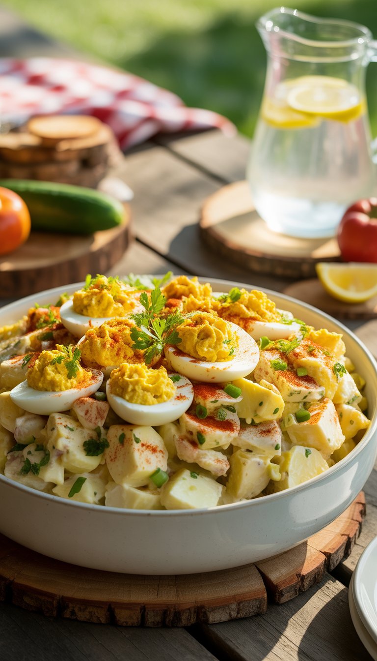 A bowl of classic deviled egg potato salad on a wooden picnic table surrounded by fresh vegetables and a pitcher of lemonade in an outdoor summer setting.