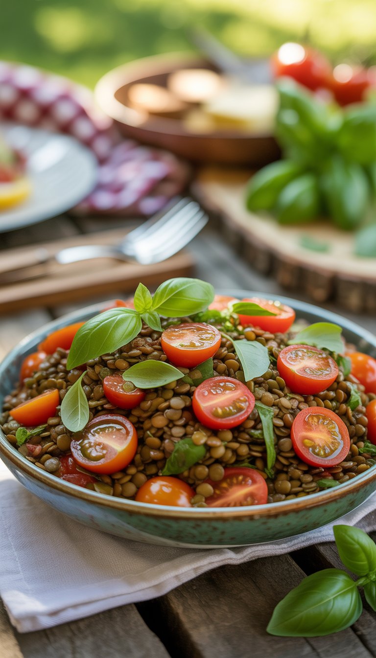 A bowl of lentil salad with cherry tomatoes and basil on a wooden table at an outdoor summer picnic.