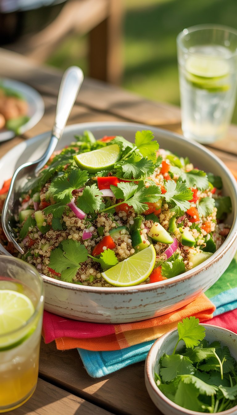 A bowl of quinoa salad with lime, cilantro, red bell peppers, cucumbers, and red onions on a wooden picnic table with summer picnic items around it.