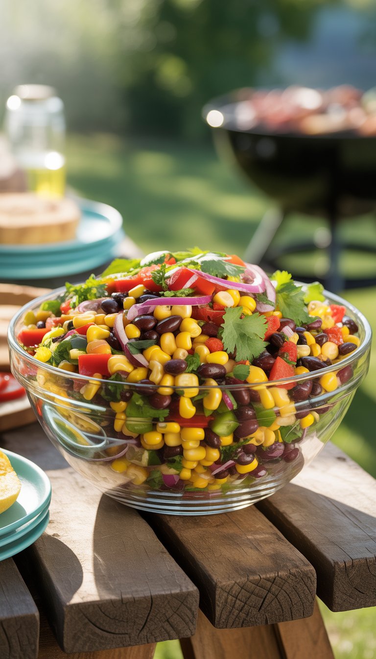 A bowl of sweet corn and black bean salad with colorful vegetables on a wooden picnic table outdoors.