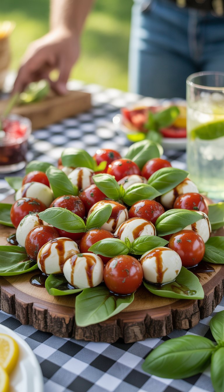 A Caprese salad with cherry tomatoes, mozzarella, basil, and balsamic glaze on a wooden board at an outdoor summer picnic.