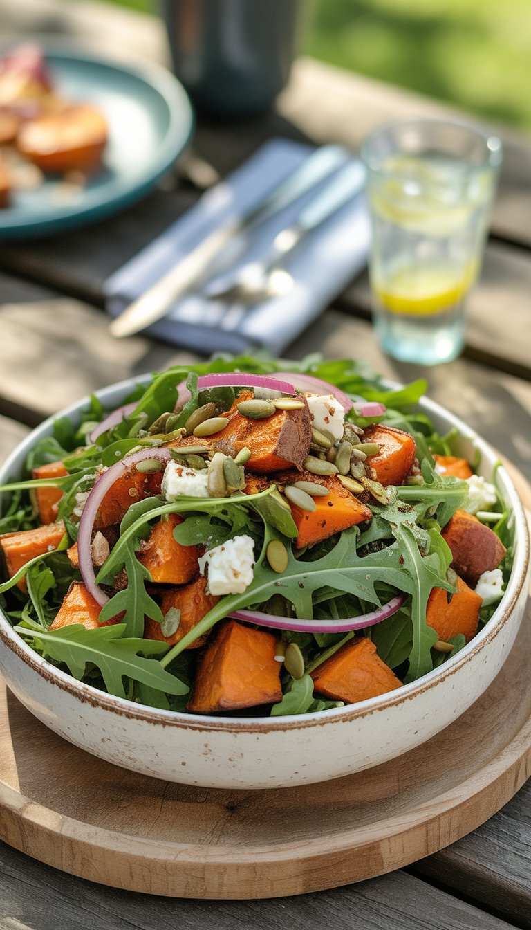 A bowl of roasted sweet potato and arugula salad with red onions, feta cheese, and pumpkin seeds on a wooden picnic table.