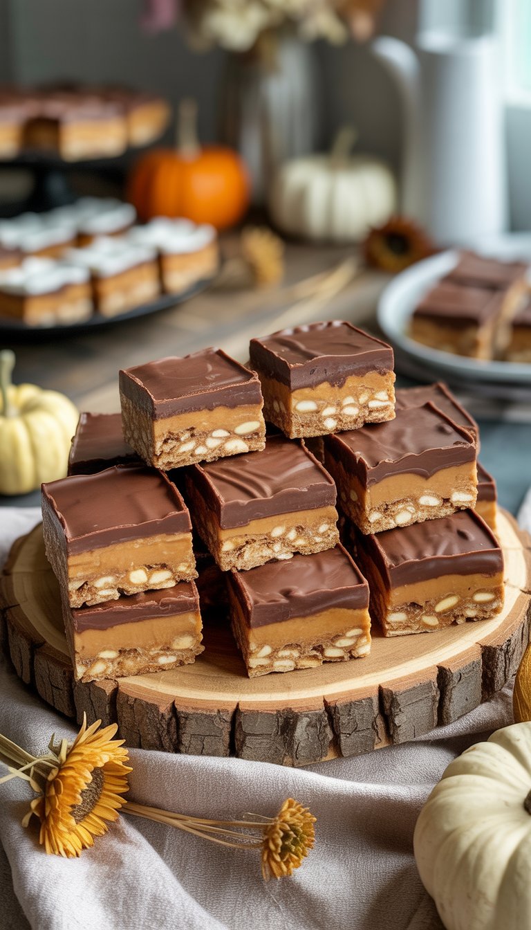 A serving board with chocolate peanut butter crispy bars cut into squares on a table with autumnal decorations and other desserts in the background.