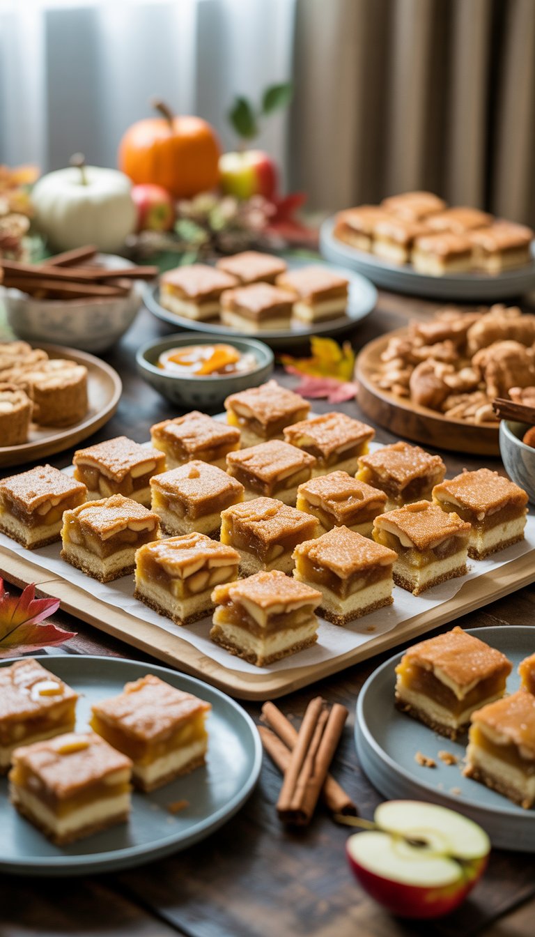 A dessert table featuring neatly arranged apple squares, caramel sauce, cinnamon sticks, and fresh apple slices with autumn decorations.