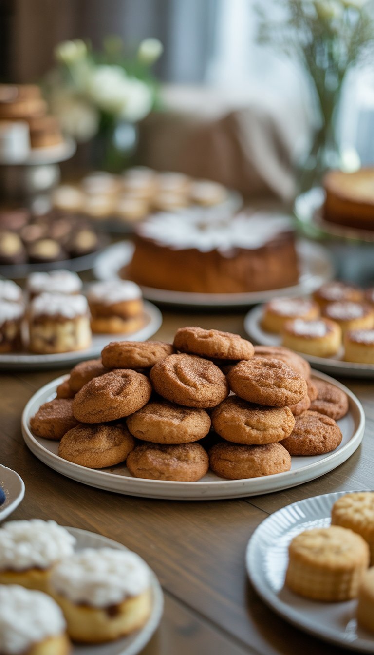 A plate of snickerdoodle cookies on a wooden table surrounded by various desserts and white flowers.
