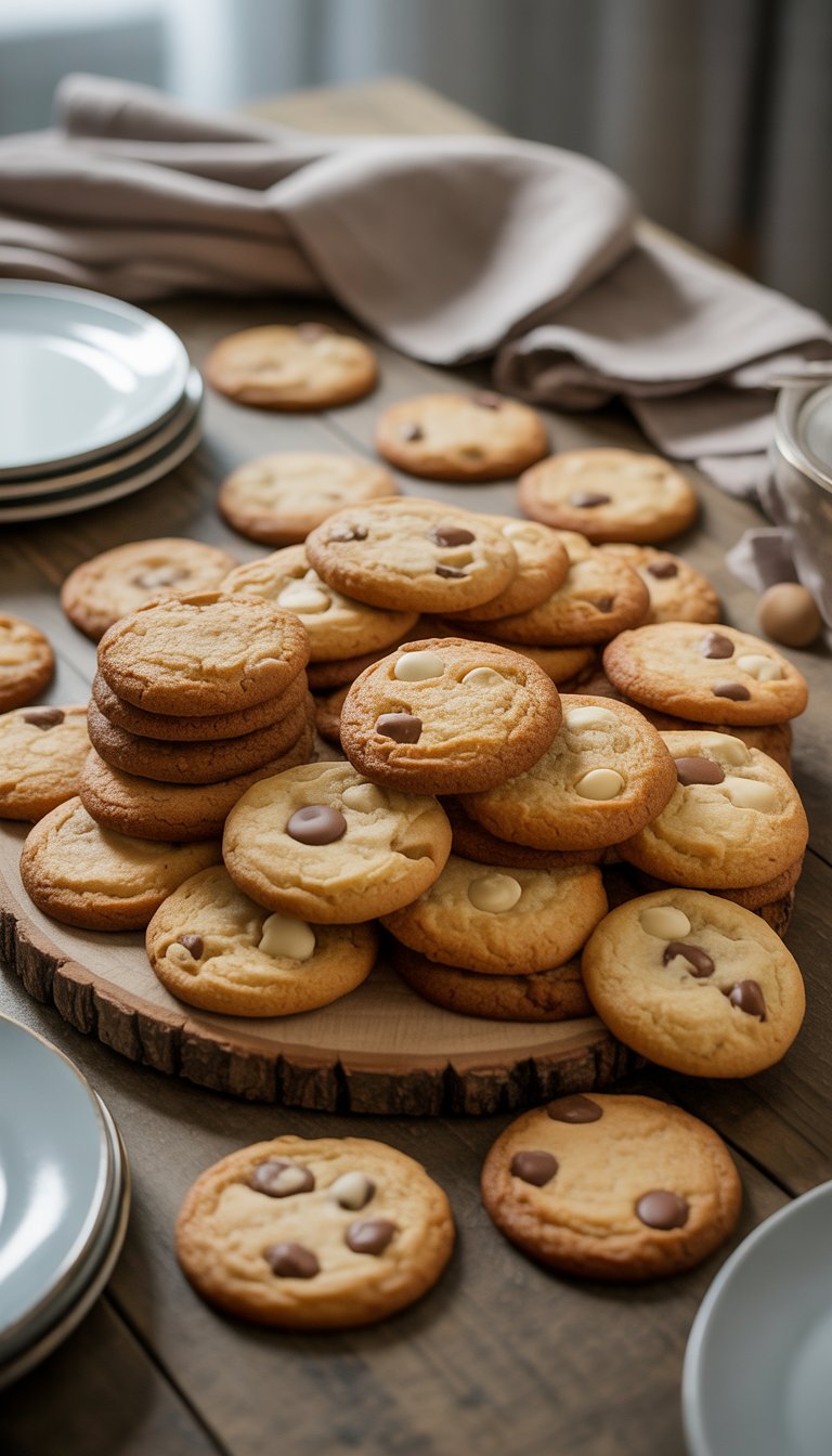 A variety of white and milk chocolate chip cookies arranged on a wooden table with plates and napkins.