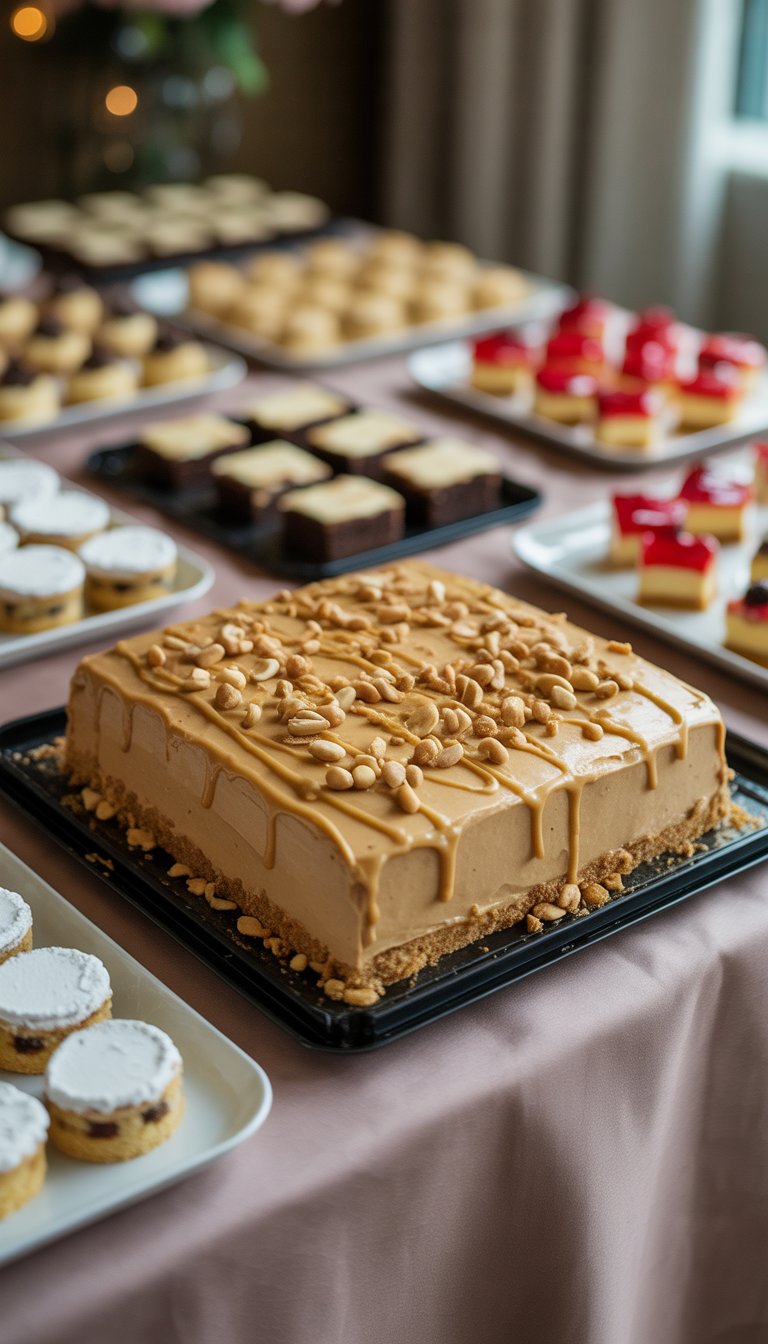 Peanut butter sheet cake cut into squares on a table with other desserts arranged for a gathering.