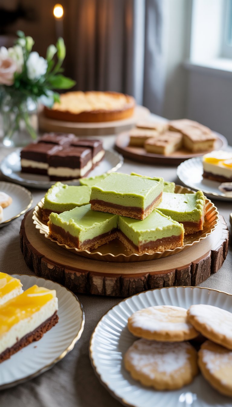 A table set with a variety of desserts including key lime pie bars, chocolate cake slices, lemon bars, and sugar cookies, arranged neatly for a gathering.