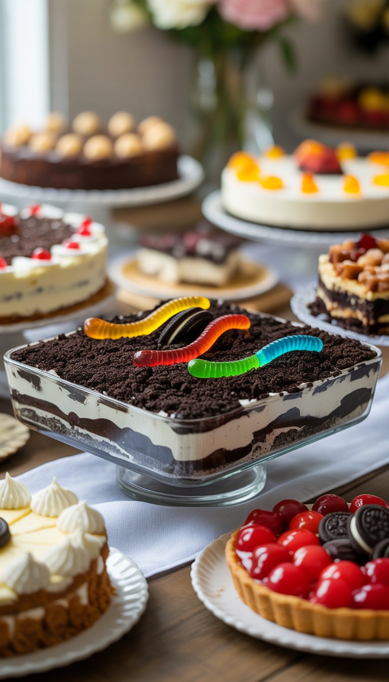 A potluck-style dessert table with an Oreo dirt dessert in a glass dish surrounded by various cakes and treats on a wooden table.