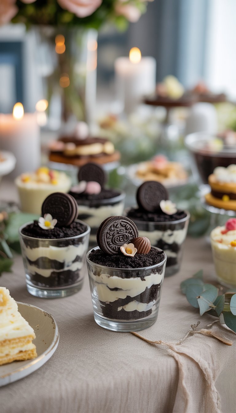 A potluck-style table with clear glass cups of Oreo sand desserts layered with crushed cookies and creamy filling, decorated with small edible flowers and chocolate seashells, surrounded by soft floral arrangements and candles.
