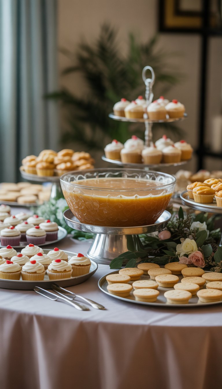 A dessert table with a large punch bowl cake surrounded by various small desserts and floral decorations.