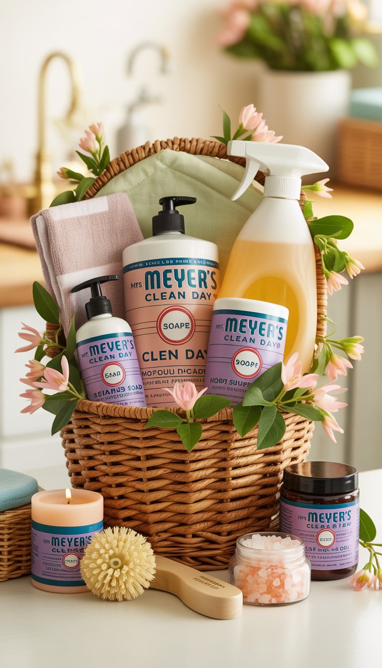 A gift basket filled with Honeysuckle Mrs. Meyer's Clean Day cleaning products, fresh honeysuckle flowers, and small complementary gift items arranged on a wooden surface.