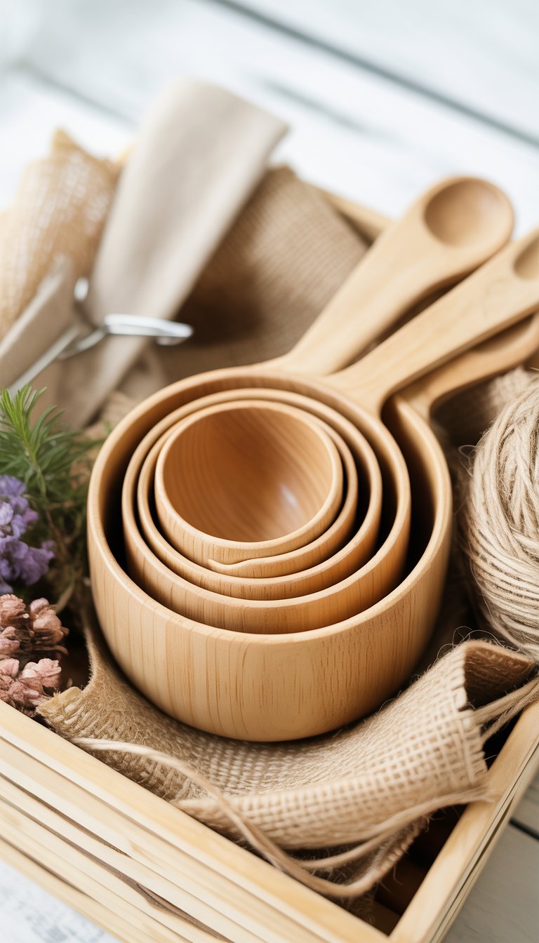 A set of natural wood nesting measuring cups arranged on a wooden surface with burlap, twine, dried flowers, and fresh herbs around them.
