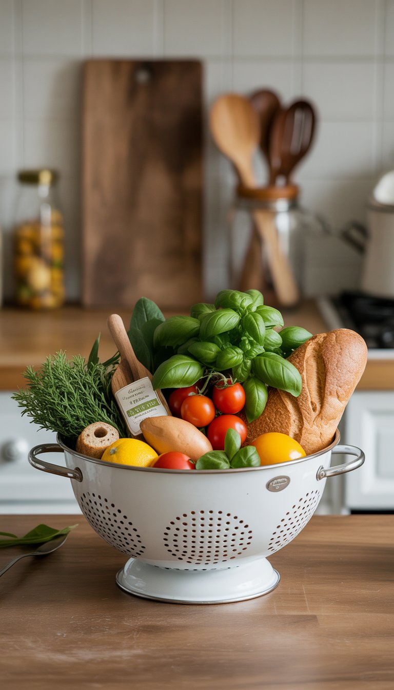 Mini enamel colander filled with fresh vegetables, herbs, and bread on a wooden kitchen countertop.