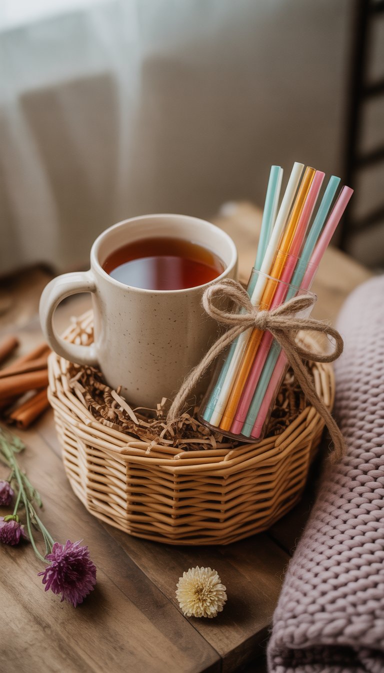 A gift basket with a ceramic mug filled with sweet tea and colorful reusable straws, surrounded by dried flowers and cinnamon sticks on a wooden table.