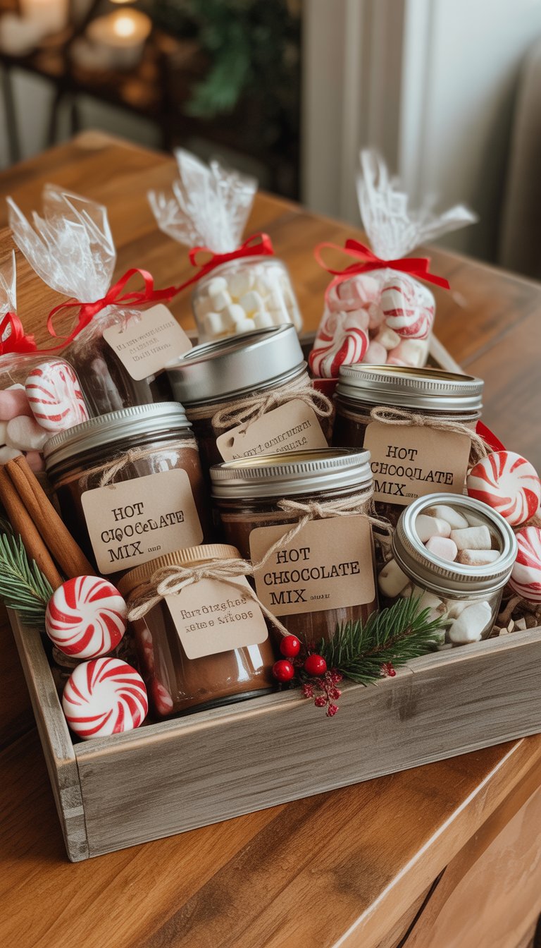 A gift basket filled with jars of hot chocolate mix, peppermint sticks, cinnamon sticks, marshmallows, and holiday greenery on a wooden table.