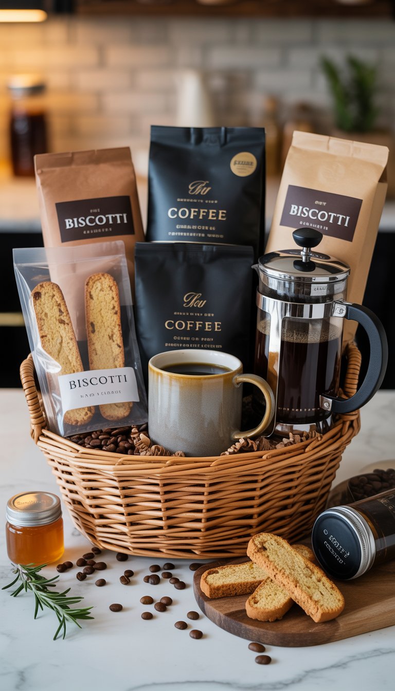 A gift basket filled with specialty coffee bags, a French press, a coffee mug, and gourmet biscotti arranged on a kitchen countertop.