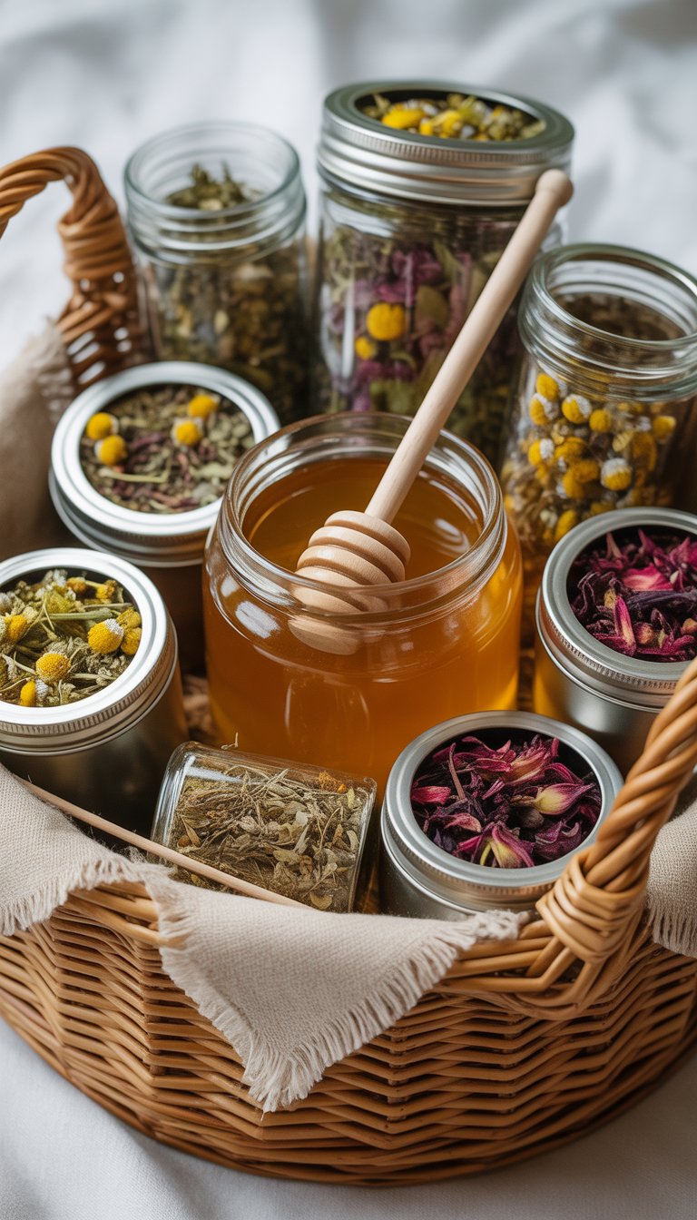 An assortment of herbal teas and a honey jar arranged in a rustic gift basket on a neutral background.