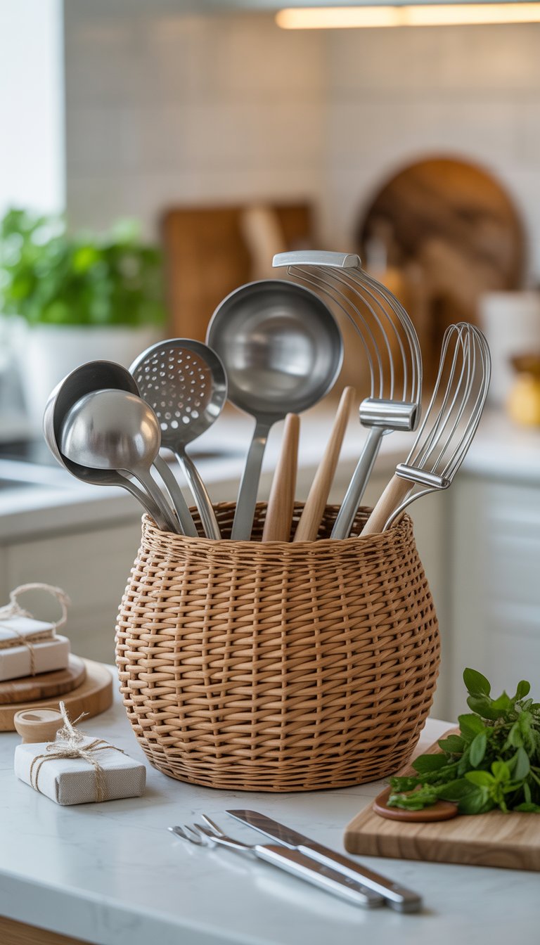 A kitchen utensil basket filled with ladles and kitchen tools on a countertop with small gift items and herbs nearby.
