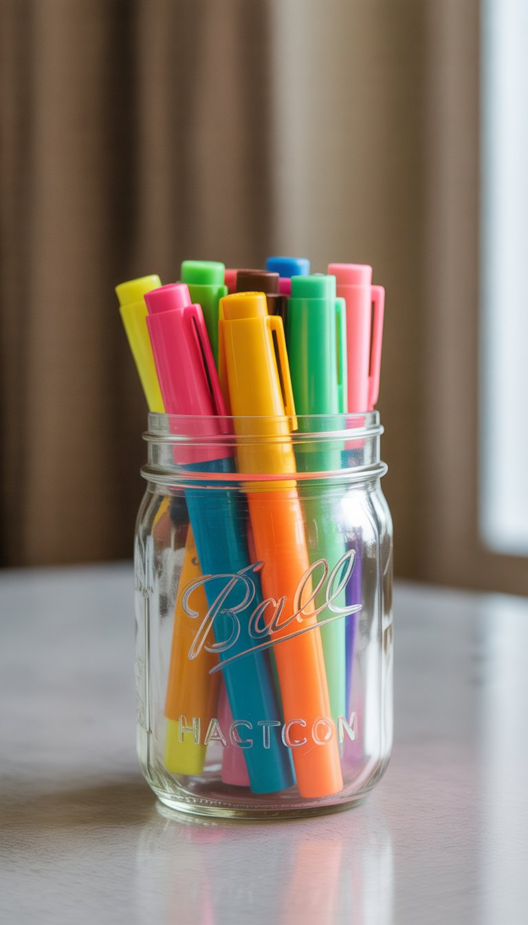 A clear mason jar filled with colorful highlighters on a neutral surface.
