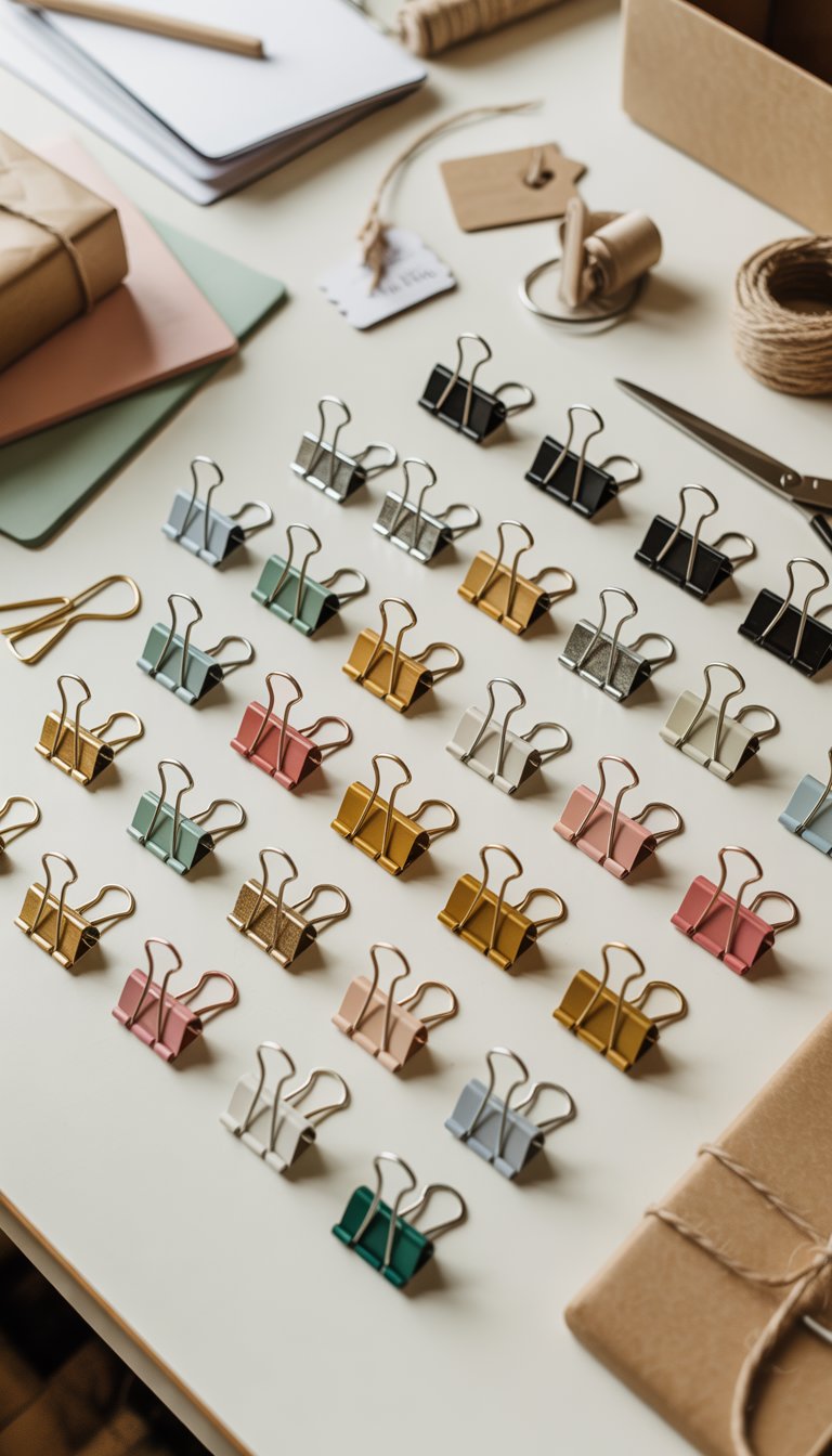 A collection of colorful binder clips and decorative paper clips arranged on a white desk with crafting materials nearby.