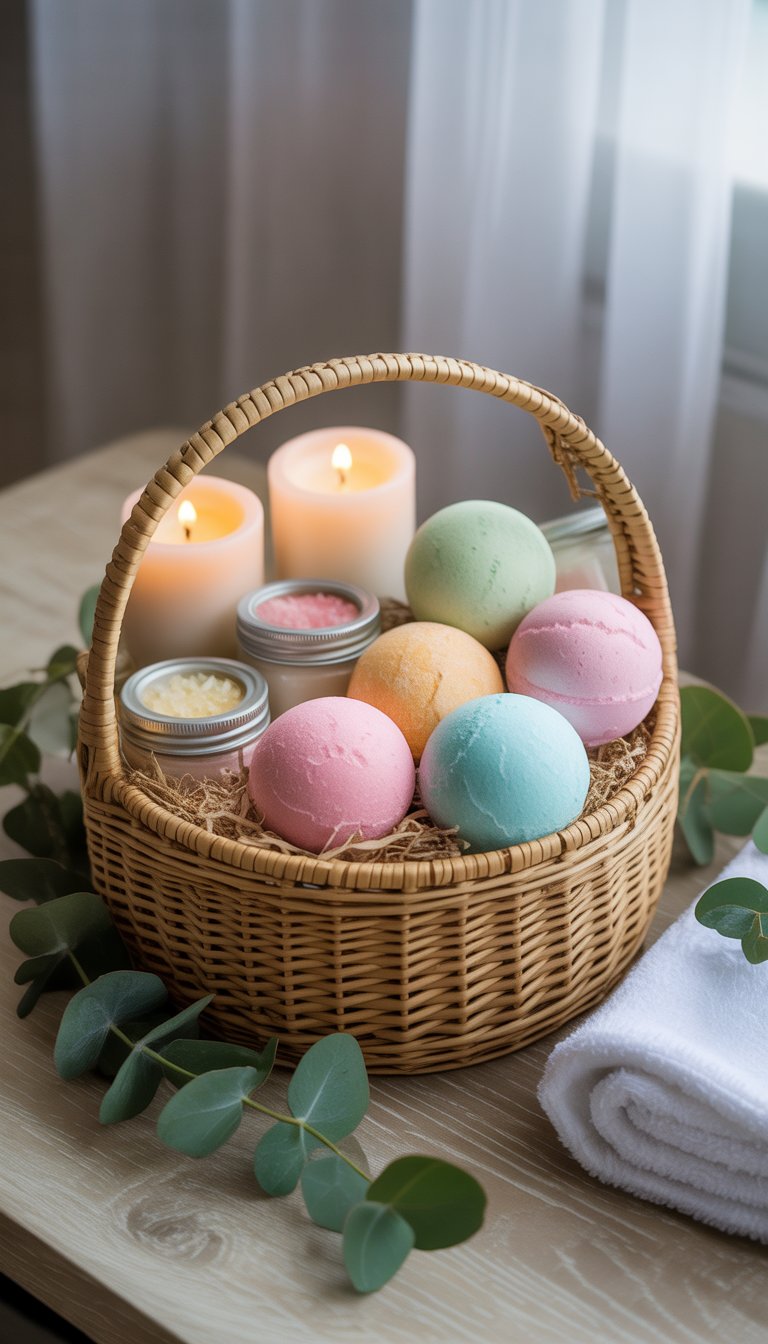 A woven basket filled with colorful bath bombs, candles, bath salts, eucalyptus leaves, and a folded towel on a wooden surface.
