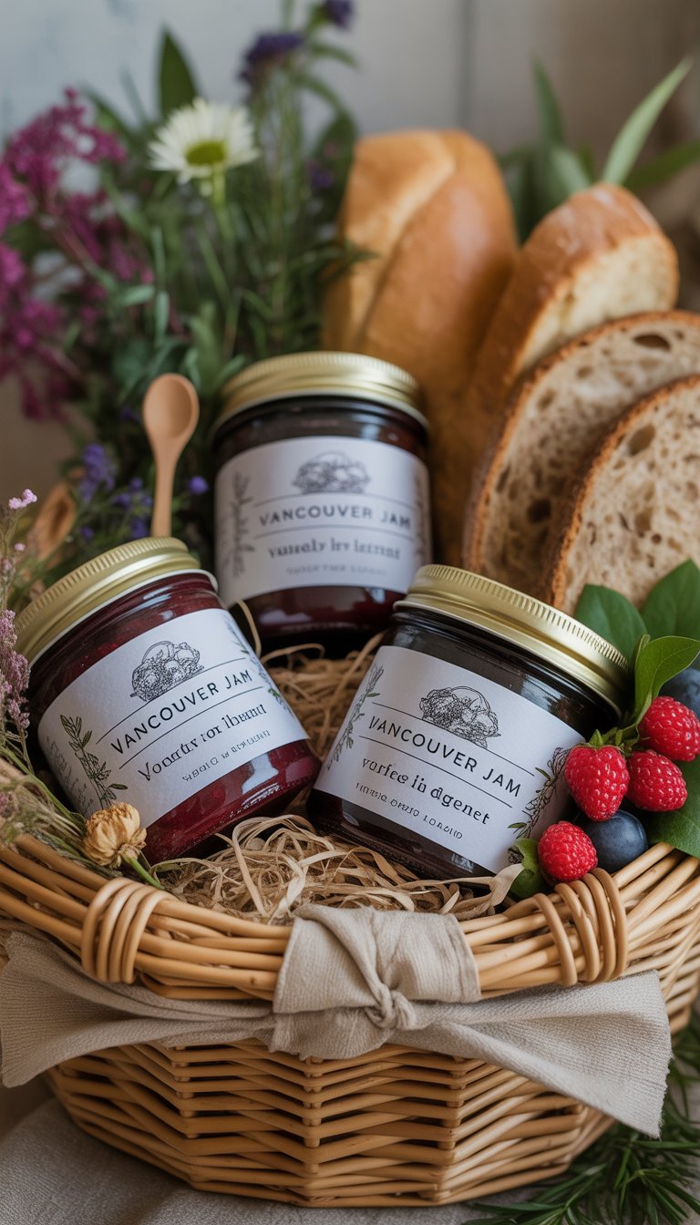 A gift basket containing three jars of homemade jam surrounded by fresh berries, herbs, and artisanal bread.