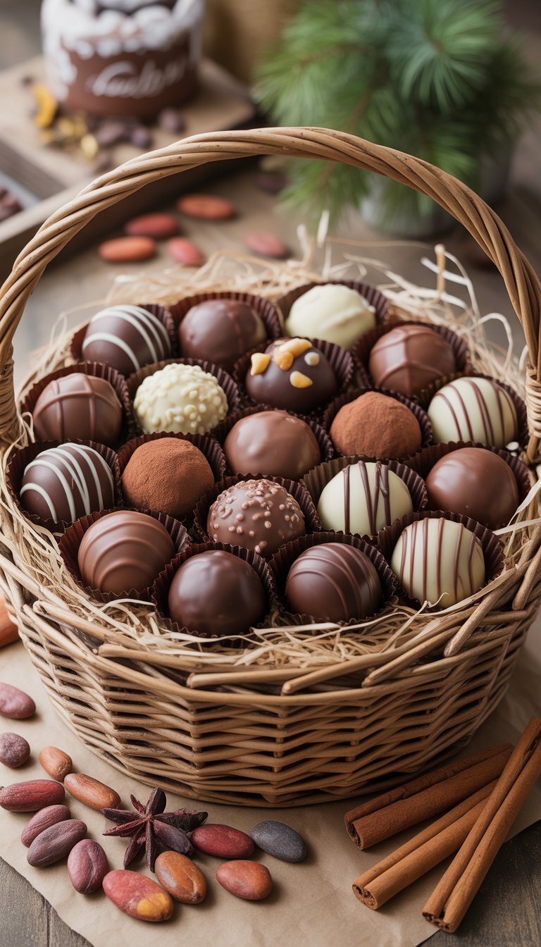 A gift basket filled with an assortment of handmade chocolate truffles placed on natural shredded paper inside a woven basket.