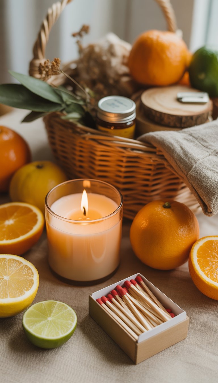 A lit citrus scented soy candle next to a box of matches surrounded by fresh citrus fruits and natural gift items in a cozy setting.