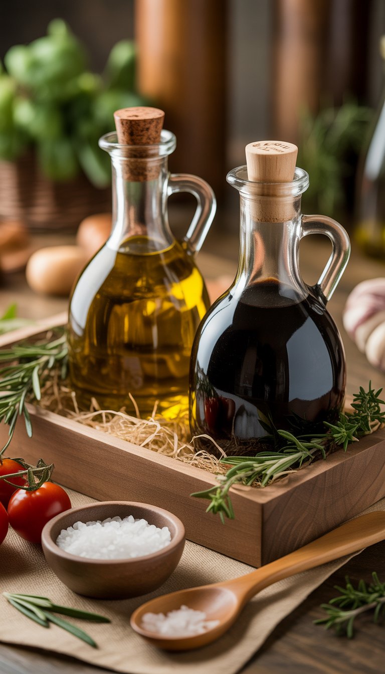 Two glass bottles of olive oil and balsamic vinegar on a wooden tray with fresh herbs, sea salt, and cherry tomatoes.