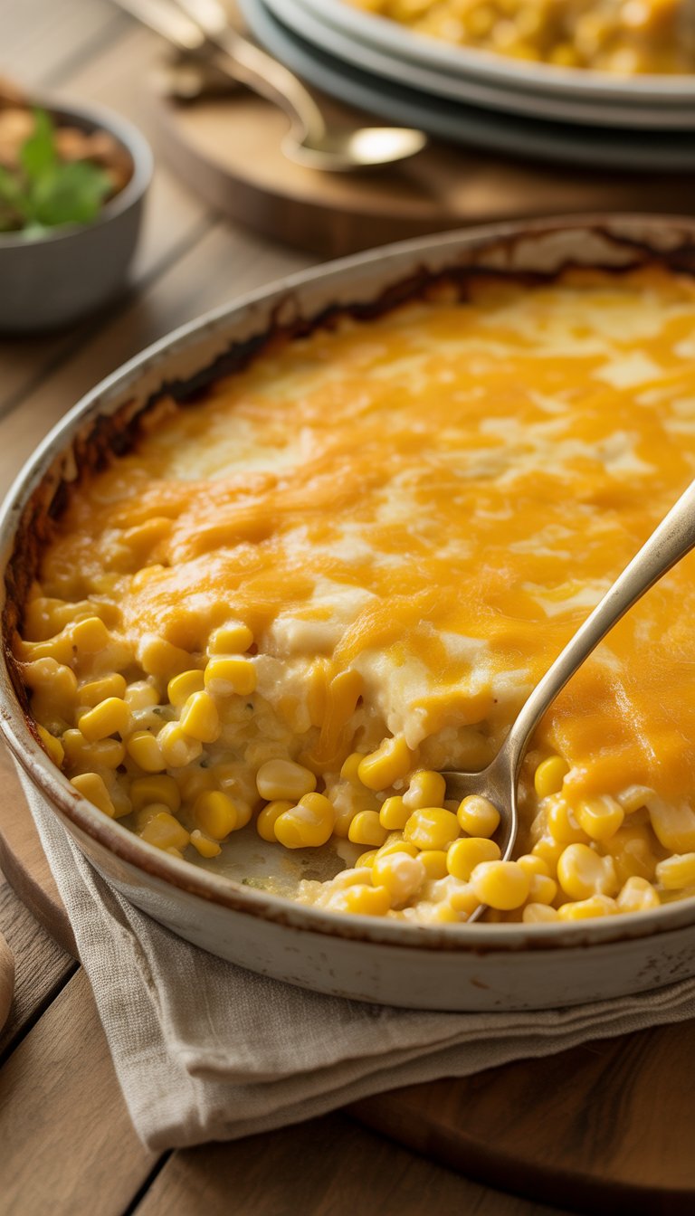 A creamy corn casserole topped with melted cheddar cheese in a ceramic baking dish on a wooden table with a serving spoon.