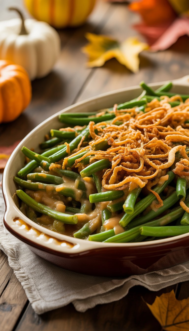 A baked green bean casserole topped with crispy fried onions on a wooden table with autumn decorations.