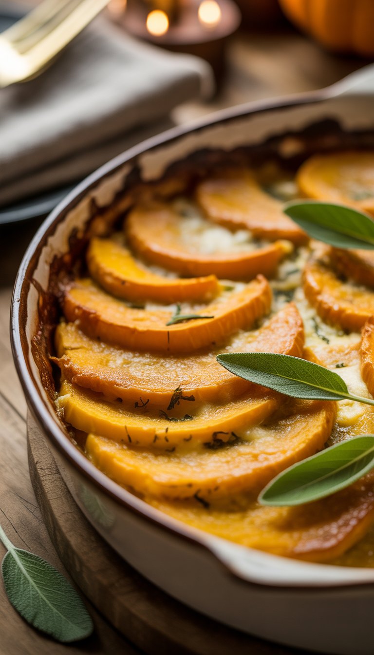A baked butternut squash gratin garnished with fresh sage leaves on a wooden table.