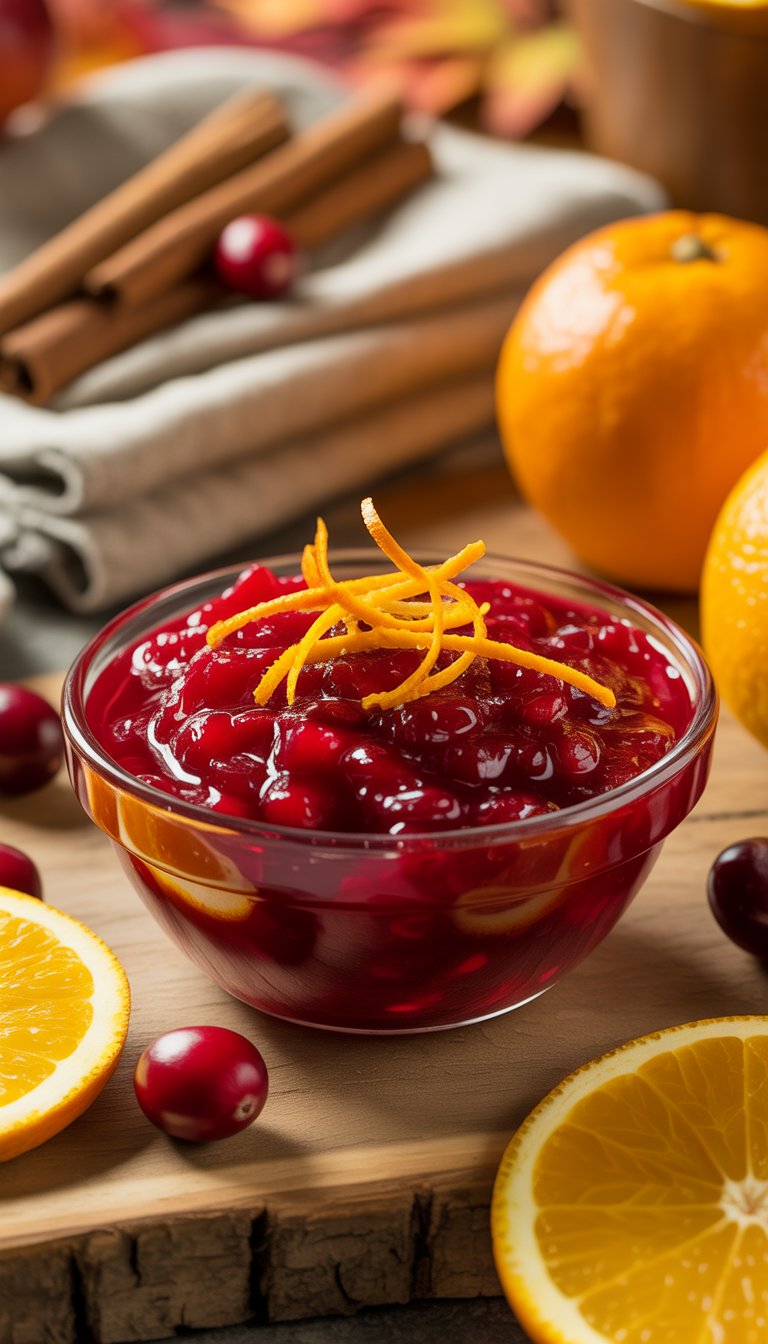 A bowl of cranberry sauce topped with orange zest on a wooden surface surrounded by fresh cranberries and orange slices.