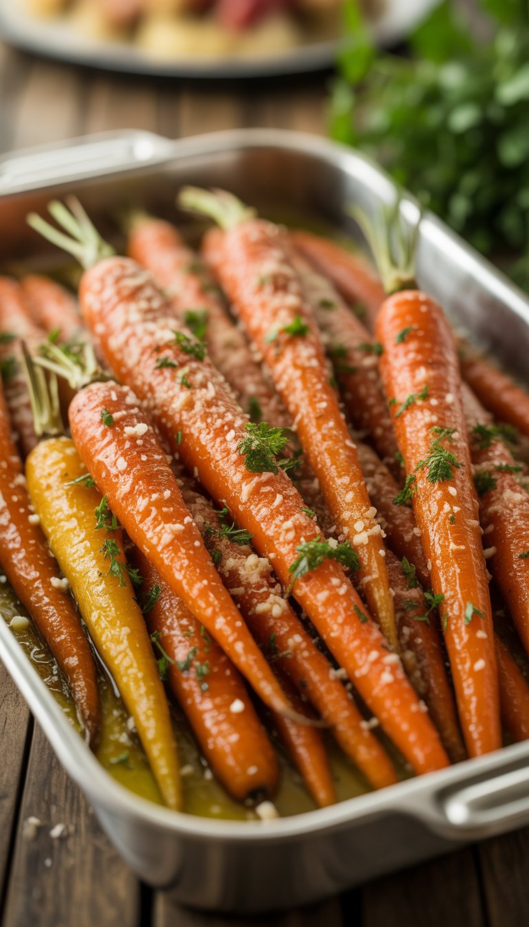 A serving dish of garlic parmesan roasted carrots garnished with parsley on a wooden table.