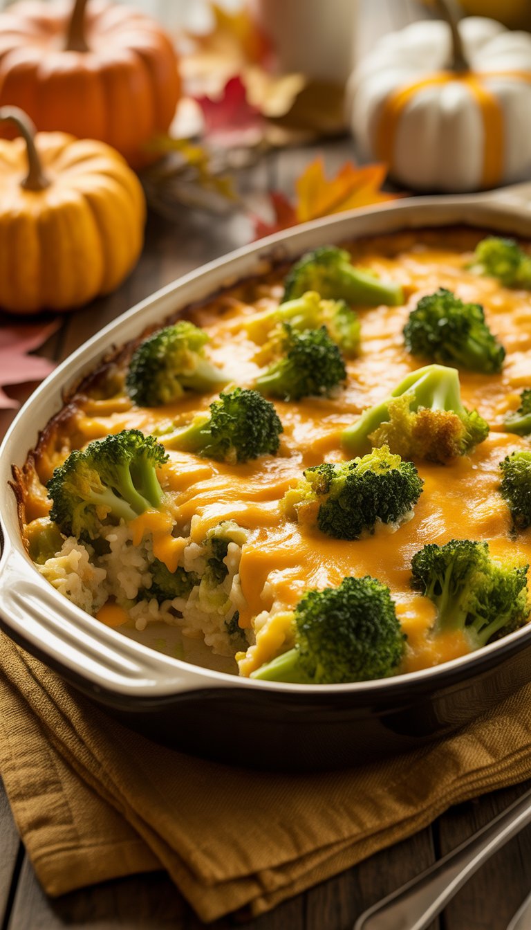 A golden cheesy broccoli rice casserole in a baking dish on a wooden table with autumn decorations around it.