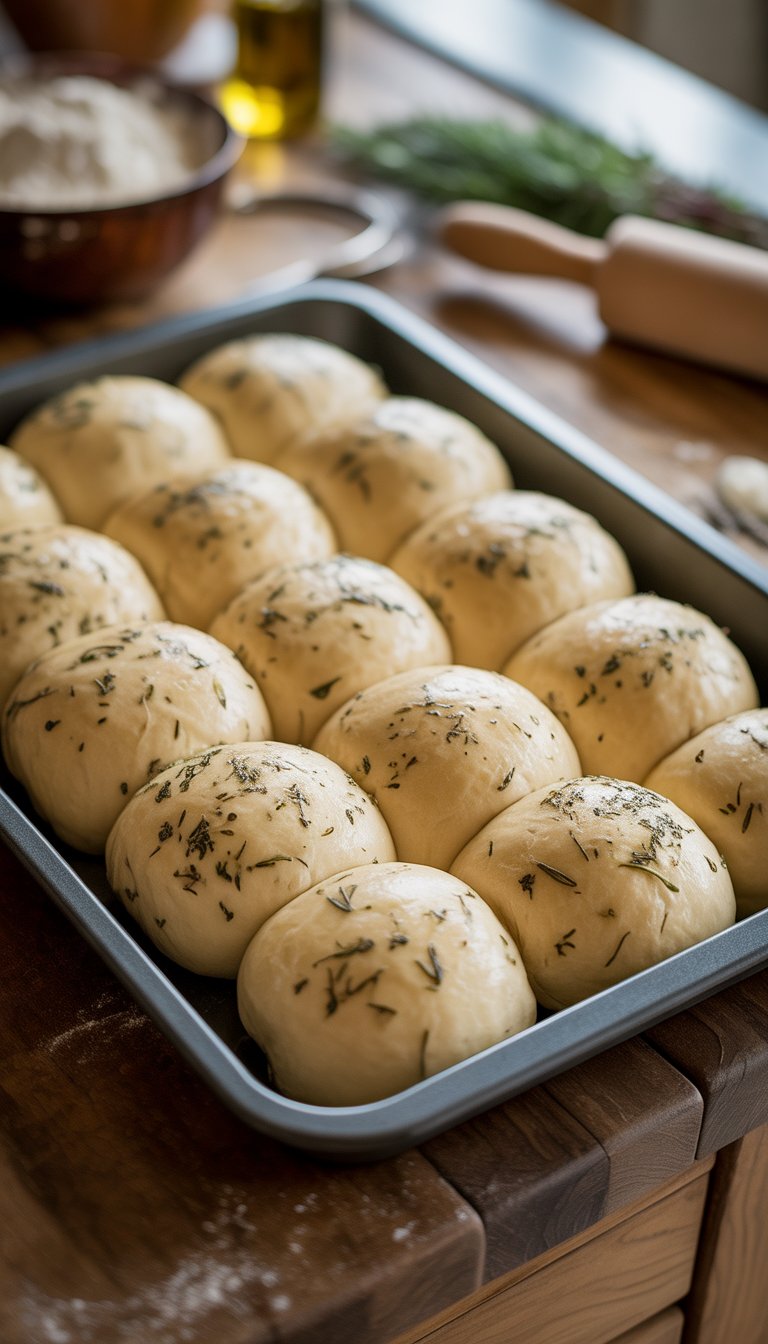 A tray of herbed dinner rolls ready to bake on a wooden kitchen counter with herbs sprinkled on top.